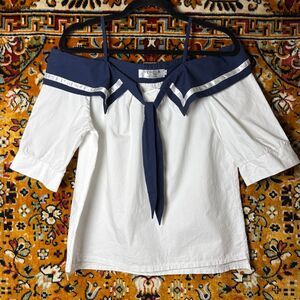 Navy White Sailor Collar Blouse Tie Bow Off Shoulder 3/4 Puff Sleeve Size S